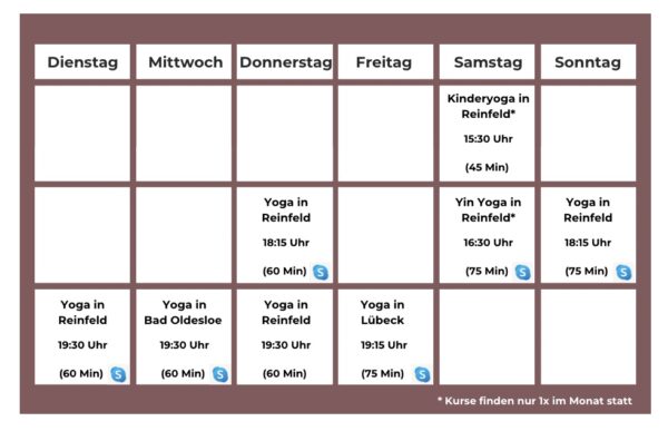 Kursplan für Yoga in Reinfeld, Bad Oldesloe, Lübeck, online